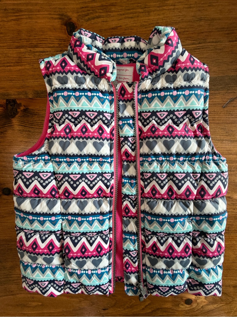 Gymboree Pink Teal Navy Patterned Zip Up Puffer Vest Girls Size 5/6